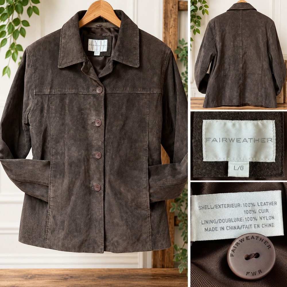 Fairweather Brown Suede Leather Vintage Jacket Button Front Large Blazer Y2K